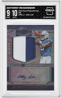 Anthony Richardson from the 2023 Panini Plates & Patches set graded by Arena Club and given an overall grade of 9.