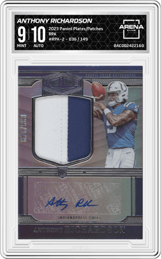 Anthony Richardson from the 2023 Panini Plates & Patches set graded by Arena Club and given an overall grade of 9.