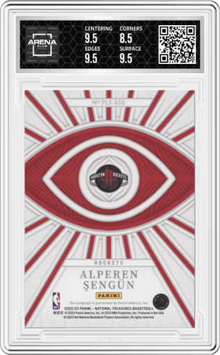 Alperen Sengun from the 2022-23 Panini National Treasures set graded by Arena Club and given an overall grade of 9.