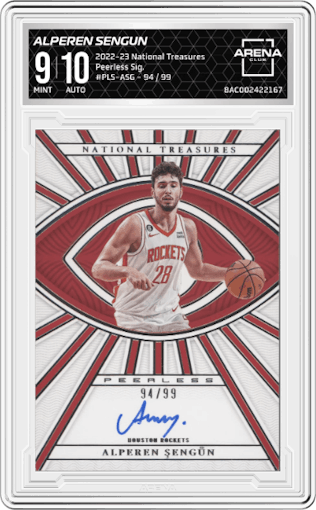 Alperen Sengun from the 2022-23 Panini National Treasures set graded by Arena Club and given an overall grade of 9.