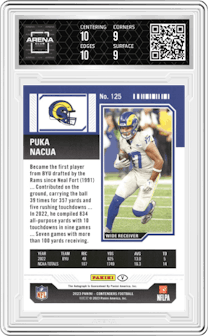 Puka Nacua from the 2023 Panini Contenders set featuring a Conference Ticket parallel graded by Arena Club and given an overall grade of 9.5.