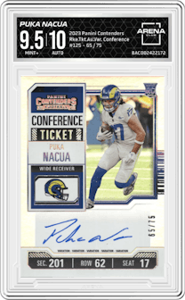 Puka Nacua from the 2023 Panini Contenders set featuring a Conference Ticket parallel graded by Arena Club and given an overall grade of 9.5.