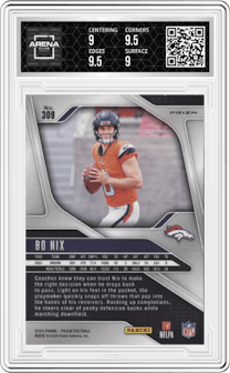 Bo Nix from the 2024 Panini Prizm set featuring a Pink Prizm parallel graded by Arena Club and given an overall grade of 9.5.
