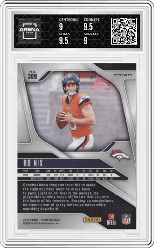 Bo Nix from the 2024 Panini Prizm set featuring a Pink Prizm parallel graded by Arena Club and given an overall grade of 9.5.