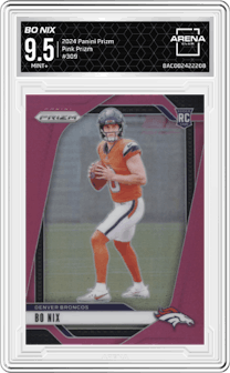 Bo Nix from the 2024 Panini Prizm set featuring a Pink Prizm parallel graded by Arena Club and given an overall grade of 9.5.