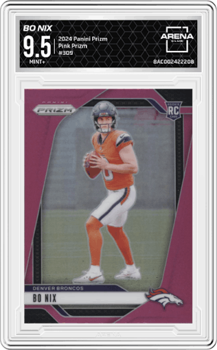 Bo Nix from the 2024 Panini Prizm set featuring a Pink Prizm parallel graded by Arena Club and given an overall grade of 9.5.