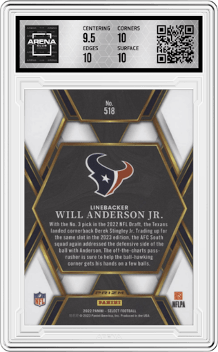 Will Anderson Jr. from the 2022 Panini Select set graded by Arena Club and given an overall grade of 10.