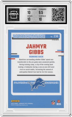 Jahmyr Gibbs from the 2023 Donruss Optic set featuring a Rocket parallel and given an overall grade of 10.