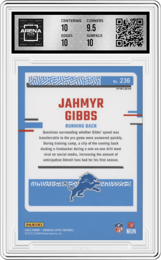 Jahmyr Gibbs from the 2023 Donruss Optic set featuring a Rocket parallel graded by Arena Club and given an overall grade of 10.