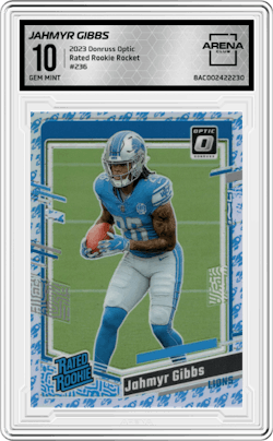 Jahmyr Gibbs from the 2023 Donruss Optic set featuring a Rocket parallel and given an overall grade of 10.