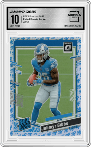 Jahmyr Gibbs from the 2023 Donruss Optic set featuring a Rocket parallel graded by Arena Club and given an overall grade of 10.