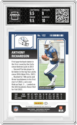 Anthony Richardson from the 2023 Panini Contenders set and given an overall grade of 9.5.