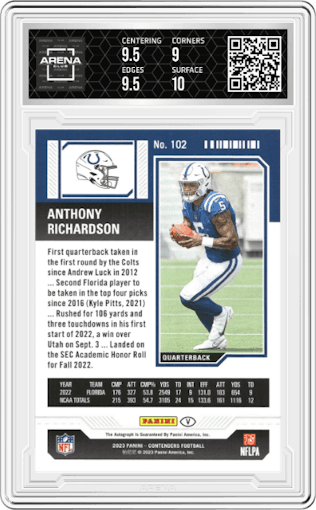 Anthony Richardson from the 2023 Panini Contenders set graded by Arena Club and given an overall grade of 9.5.
