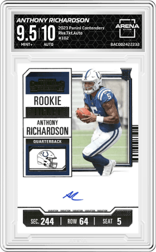 Anthony Richardson from the 2023 Panini Contenders set graded by Arena Club and given an overall grade of 9.5.