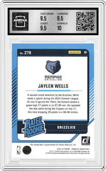 Jaylen Wells from the 2024-25 Panini Donruss set featuring a Choice parallel graded by Arena Club and given an overall grade of 10.
