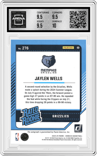 Jaylen Wells from the 2024-25 Panini Donruss set featuring a Choice parallel graded by Arena Club and given an overall grade of 10.