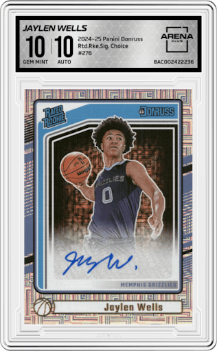 Jaylen Wells from the 2024-25 Panini Donruss set featuring a Choice parallel graded by Arena Club and given an overall grade of 10.