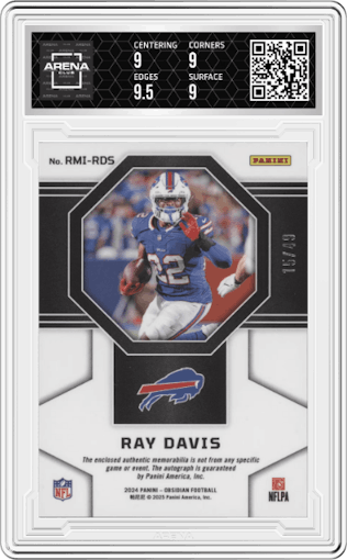 Ray Davis from the 2024 Panini Obsidian set featuring a Purple parallel graded by Arena Club and given an overall grade of 9.