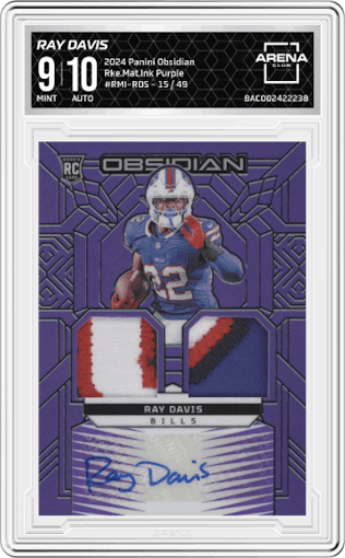 Ray Davis from the 2024 Panini Obsidian set featuring a Purple parallel graded by Arena Club and given an overall grade of 9.