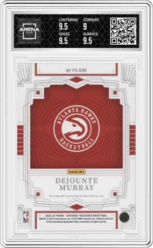Dejounte Murray from the 2022-23 Panini National Treasures set featuring a Bronze parallel graded by Arena Club and given an overall grade of 9.5.
