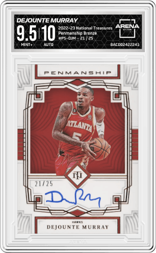 Dejounte Murray from the 2022-23 Panini National Treasures set featuring a Bronze parallel graded by Arena Club and given an overall grade of 9.5.