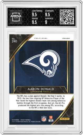 Aaron Donald from the 2019 Panini Select  set featuring a Tiger parallel graded by Arena Club and given an overall grade of 9.5.