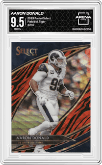 Aaron Donald from the 2019 Panini Select  set featuring a Tiger parallel graded by Arena Club and given an overall grade of 9.5.