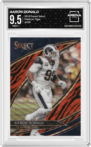 Aaron Donald from the 2019 Panini Select  set featuring a Tiger parallel graded by Arena Club and given an overall grade of 9.5.