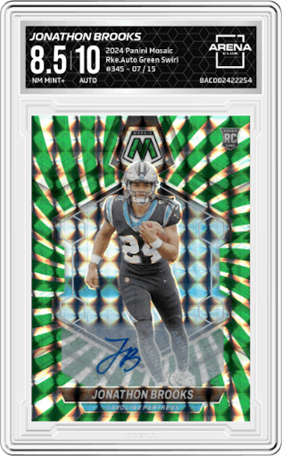 Jonathon Brooks from the 2024 Panini Mosaic set featuring a Green Swirl parallel graded by Arena Club and given an overall grade of 8.5.
