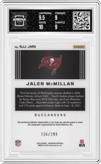 Jalen McMillan from the 2024 Panini Obsidian set graded by Arena Club and given an overall grade of 9.5.