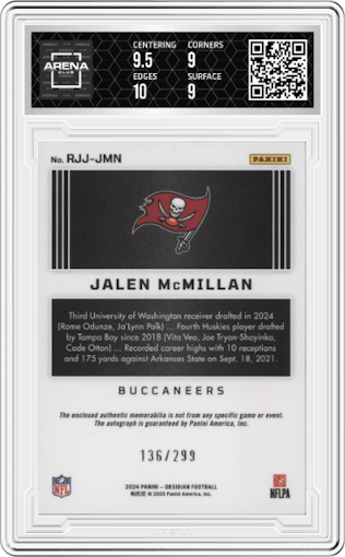 Jalen McMillan from the 2024 Panini Obsidian set graded by Arena Club and given an overall grade of 9.5.