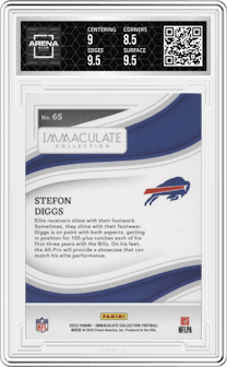 Stefon Diggs from the 2023 Panini Immaculate Collection  set featuring a Gold parallel graded by Arena Club and given an overall grade of 9.