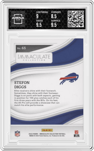 Stefon Diggs from the 2023 Panini Immaculate Collection  set featuring a Gold parallel graded by Arena Club and given an overall grade of 9.