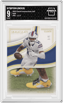 Stefon Diggs from the 2023 Panini Immaculate Collection  set featuring a Gold parallel graded by Arena Club and given an overall grade of 9.