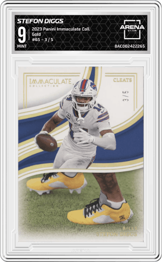 Stefon Diggs from the 2023 Panini Immaculate Collection  set featuring a Gold parallel graded by Arena Club and given an overall grade of 9.