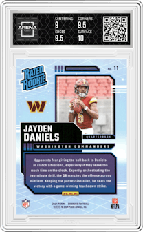 Jayden Daniels from the 2024 Donruss set graded by Arena Club and given an overall grade of 9.5.