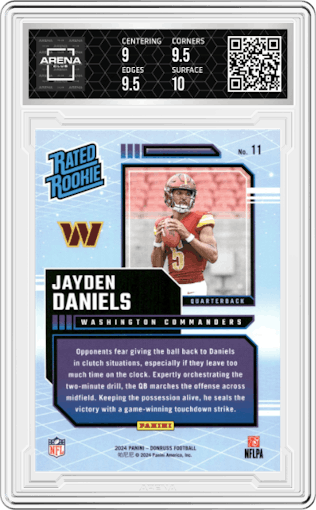 Jayden Daniels from the 2024 Donruss set graded by Arena Club and given an overall grade of 9.5.