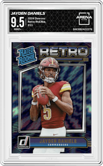 Jayden Daniels from the 2024 Donruss set graded by Arena Club and given an overall grade of 9.5.