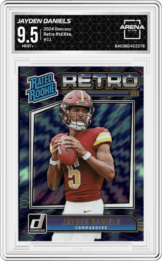 Jayden Daniels from the 2024 Donruss set graded by Arena Club and given an overall grade of 9.5.