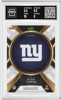 Malik Nabers from the 2023 Panini Select set graded by Arena Club and given an overall grade of 9.5.