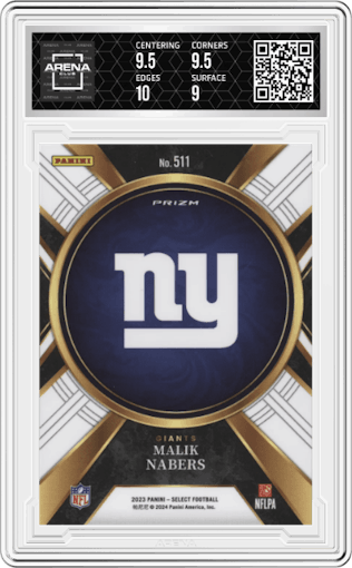 Malik Nabers from the 2023 Panini Select set graded by Arena Club and given an overall grade of 9.5.