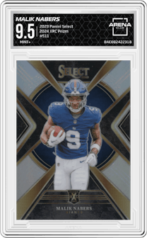 Malik Nabers from the 2023 Panini Select set graded by Arena Club and given an overall grade of 9.5.