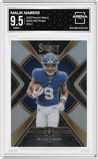 Malik Nabers from the 2023 Panini Select set graded by Arena Club and given an overall grade of 9.5.