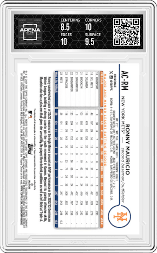 Ronny Mauricio from the 2024 Topps Chrome Update set featuring a Purple Speckle Refractor parallel graded by Arena Club and given an overall grade of 9.