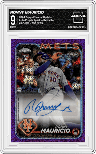 Ronny Mauricio from the 2024 Topps Chrome Update set featuring a Purple Speckle Refractor parallel graded by Arena Club and given an overall grade of 9.