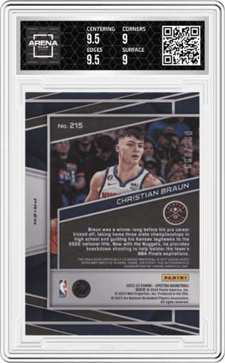 Christian Braun from the 2022-23 Panini Spectra set graded by Arena Club and given an overall grade of 9.5.