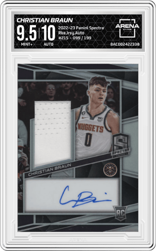 Christian Braun from the 2022-23 Panini Spectra set graded by Arena Club and given an overall grade of 9.5.