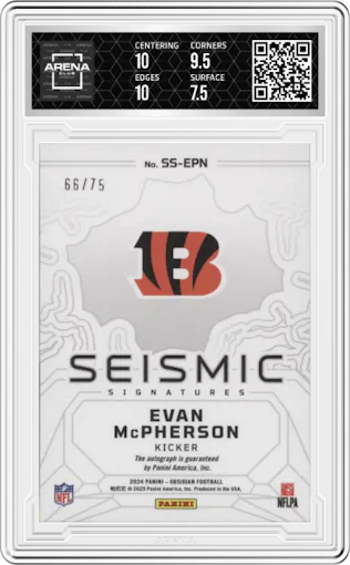 Evan McPherson from the 2024 Panini Obsidian set featuring a Red parallel graded by Arena Club and given an overall grade of 8.