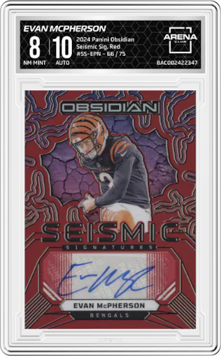 Evan McPherson from the 2024 Panini Obsidian set featuring a Red parallel graded by Arena Club and given an overall grade of 8.