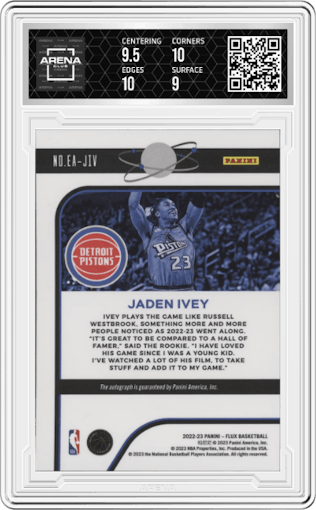 Jaden Ivey from the 2022-23 Panini Flux set graded by Arena Club and given an overall grade of 9.5.